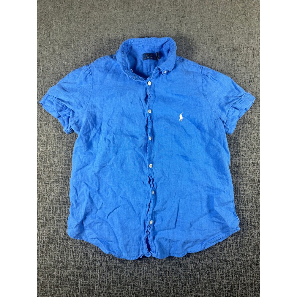Polo Ralph Lauren Womens Blue 100% Linen Short Sleeve Button Down Shirt Size M